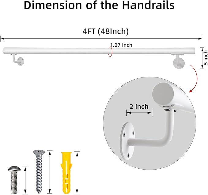 4 FT Heavy Duty White Metal Stairs Railing Indoor, Wall Mount Pipe Stair Handrail - Hand Rails for Indoor & Outdoor Steps, Banister Deck Porch Patio Railing, Wall Grab Bars for Seniors