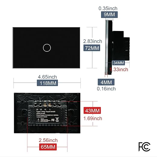 Light Switch No Neutral Wire,Single Live Wire Light Switch No WiFi,Tempered Glass Panel,Total Power Maximum 1000W,FCC Certification,Black 1 Gang