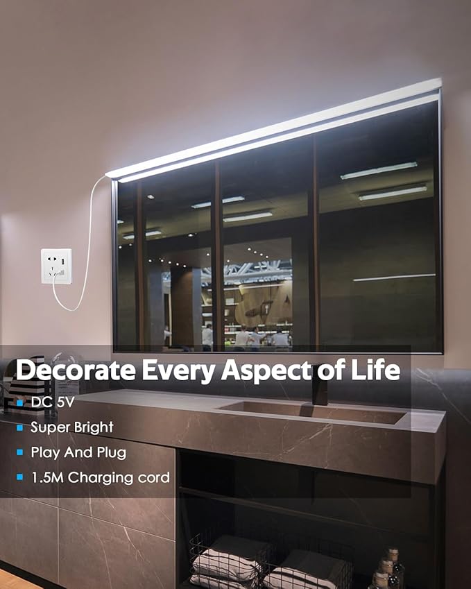 5V USB COB LED Light Strip with Dimmer 3.3FT Daylight White LED Rope Lights Indoor Tunable 6000K Super Density 320LEDs/M IP67 Waterproof LED Tape Light for Bedroom TV Backlight Mirror Decor