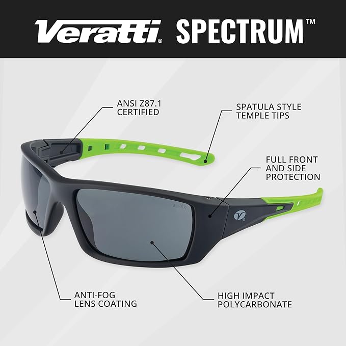 Veratti Spectrum Safety Glasses, Anti-Fog Gray Lens, ANSI Z87.1 Certified, Impact Resistant, Gray/Green Frame