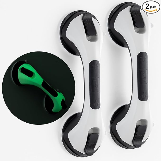 TAILI Shower Grab Bar Glow in The Dark, 2 Pack 12.2 in Grab Bars for Bathtubs and Showers, Shower Handle Shower Rail for Seniors and Elderly,Bathroom Safety Grip Removable No Drilling Waterproof Black
