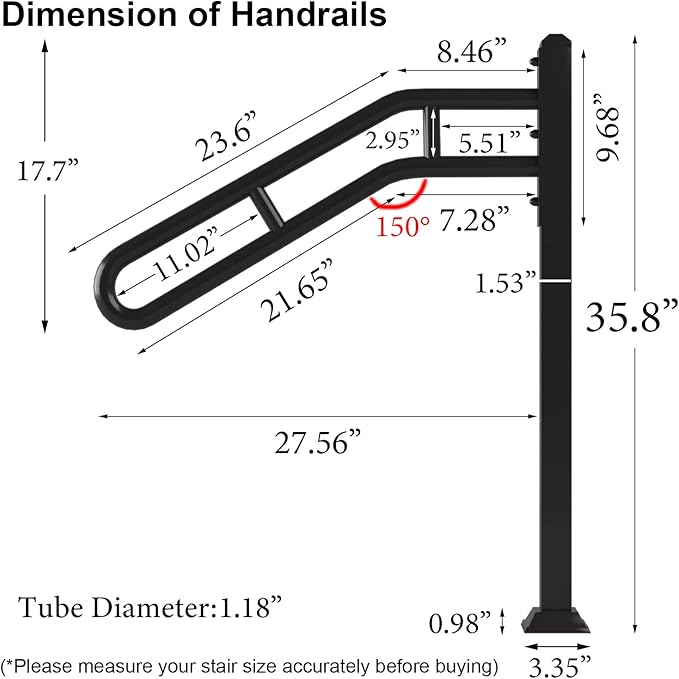 Single Post Handrail for Outdoor 1-3 Steps, Metal Bent Stair Handrails, Floor Mounted Wrought Iron Stair Railing, Sturdy U-Shaped Post Grab Rails with 2 Anti-Skid Crossbar for Garage, 32" L x 35.8" H