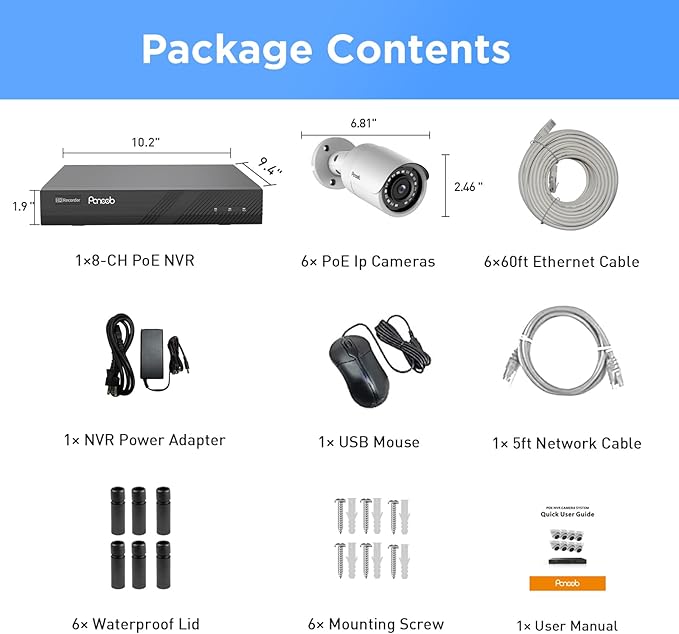 4K PoE Security Camera System, 6X 8MP Wired Bullet IP PoE Cameras with Mic, AI Human Vehicle Detection, 100ft IR Night Vision, 4K 8 Channel NVR 2TB HDD for Home 24/7 Recording, PB37F0608-8M