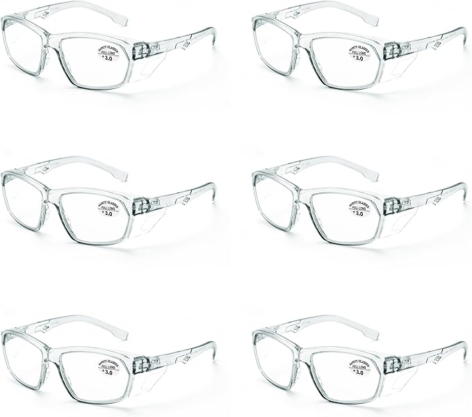 ProtectX Stylish Anti-Fog & Scratch-Resistant Safety Glasses With Readers, UV Protection Goggles, Anti-Impact Lightweight Glasses for Men＆Women Charcoal Reading 3.0-6 Pack