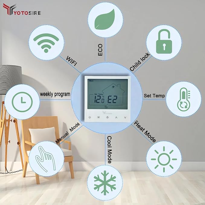 WiFi Programmable Thermostat for Radiant Floor Heating - 120V/240V Dual Voltage, Smart Home with Floor and Air Sensor, Touchscreen Display, Energy Saving