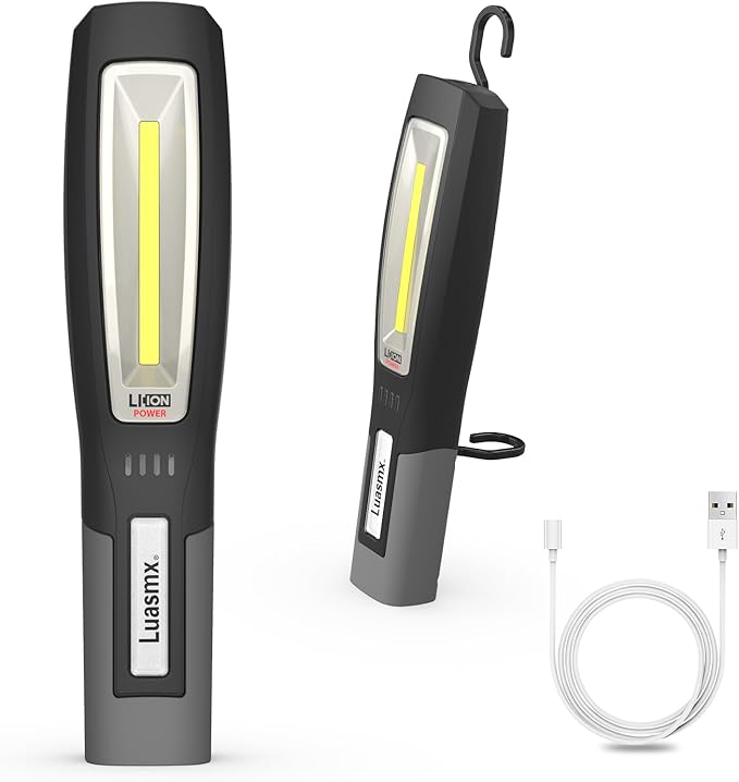 Luasmx Rechargeable LED Work Light, Black, Portable Hook Mechanic Flashlight for Car Repair/Mechanics/Camping/Emergency