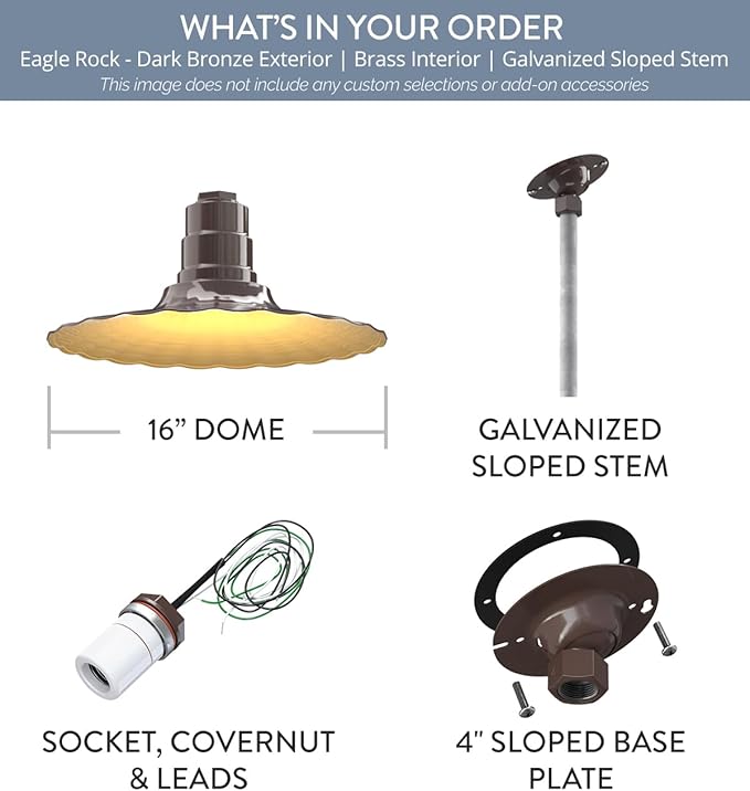 Steel Lighting Co. Eagle Rock Pendant | Ceiling Mounted Light | 16 inch Radial Wave | 12" Sloped Stem | Heavy Duty Steel Retro Farmhouse Style Made in America | Dark Bronze Exterior/Brass Interior