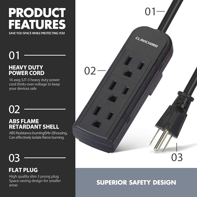 Power Strip with Flat Plug - 3 Ground Outlets 7 Inch Heavy Duty Braided Extension Cord Flat Plug Mountable Outlet Strip for Computer/Home/Office