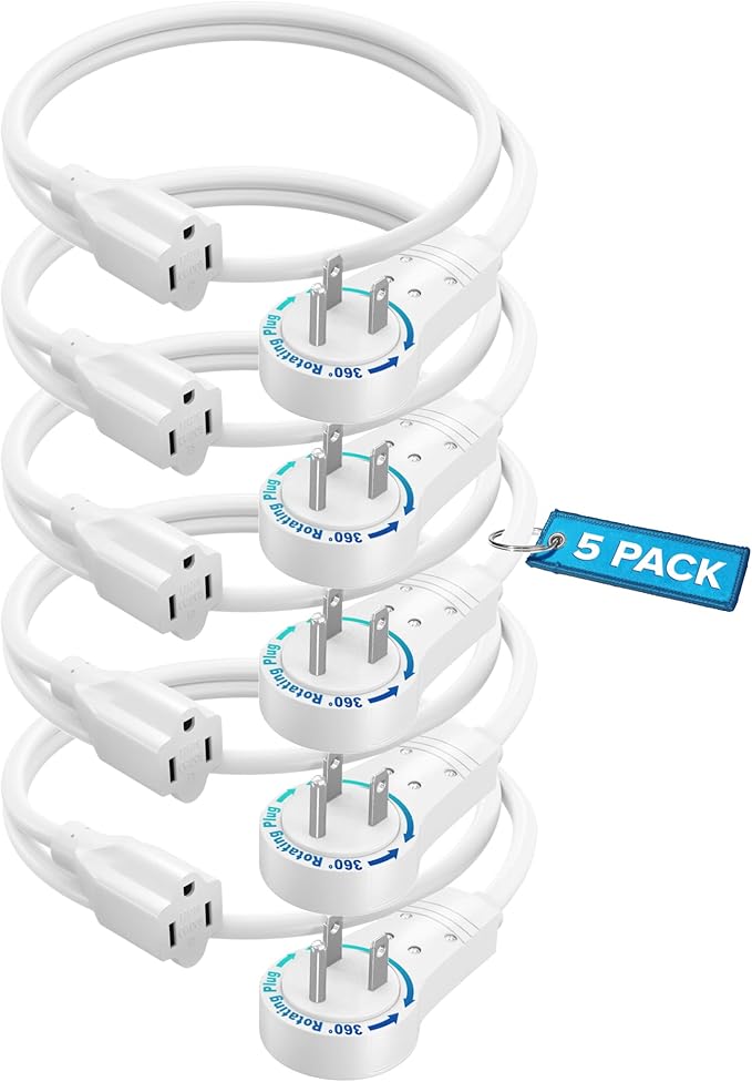 Maximm Extension Cord 1 Foot White Flat Plug, 360° Rotating Short Power Cord Single Outlet, Indoor 16 Gauge 3 Prong Grounded Wire UL Certified (1Ft White)