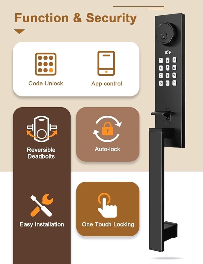 Smart Entry Door Lock Set, Electronic Full Escutcheon Door Handle, Digital Keypad Deadbolt with App, Heavy Duty Black Front Door Handle with Single Cylinder Deadbolt, Auto Locking