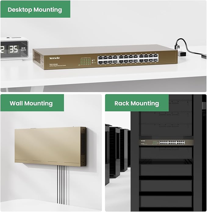 Tenda TEG1024G, 24 Port Gigabit Ethernet Unmanaged Switch, Network Hub, Ethernet Splitter, Plug & Play, Fanless Metal Design, Flexible Mounting, Limited Lifetime Protection