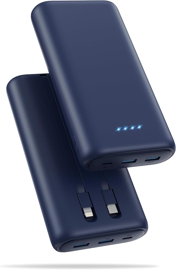 Upgraded Portable Charger 40800mAh Power Bank - Portable Battery with 2 Built in Cables,PD 25W USB C Fast Charging, 5 Outputs Battery Pack Compatible with iPhone 16 15 14 Android Phone etc-Navy