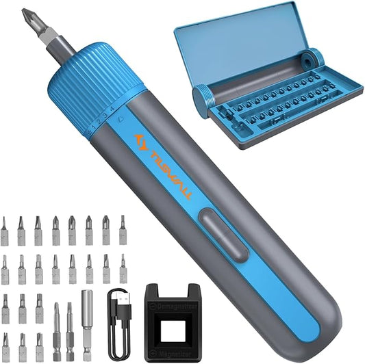 Tilswall 4V Cordless Electric Screwdriver 25pc S2 Steel Bits,Blue Mini Power Screwdriver with 4-Level Torque Control,10N.m/260 RPM,2200mAh Battery & USB-C Charging,for DIY and Home Repairs