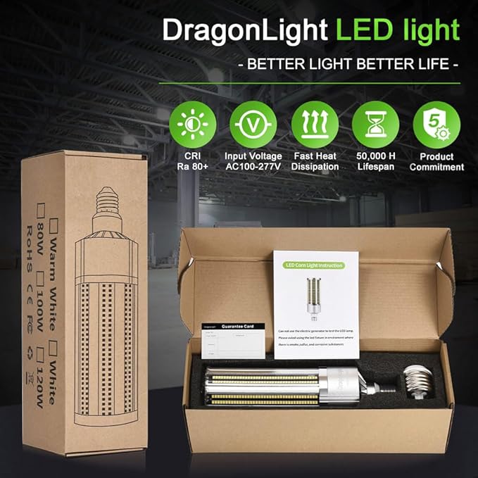 DragonLight Upgraded 120W Commercial Grade Corn LED Light Bulb Fanless (400 Watt MH/HPS Replacement) E26/E39 Large Mogul Base LED Lamp 6000K Cool Daylight 14,400LM Good for Enclosed Fixtures