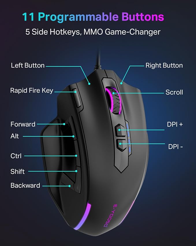 E-YOOSO Wired Large Gaming Mouse, Big Gamer Mouse with Rapid Fire Button, 5 Side Buttons, 12400 DPI, 5 Backlit Modes, 11 Programmable Macro Shortcuts, Adjustable Weights, Comfort Grip for Windows