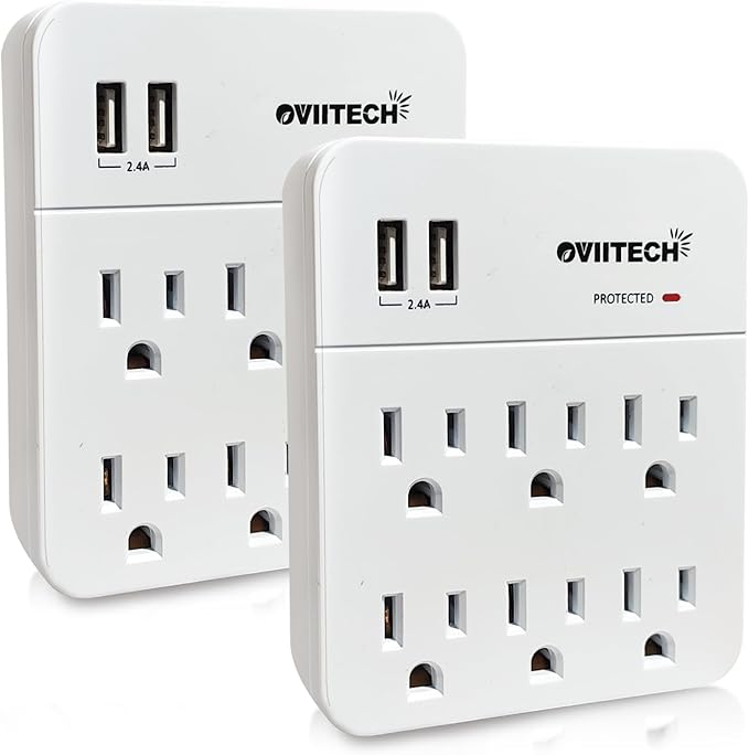 6 Outlet Extender Surge Protector Wall Mount Adapter with Dual 2.4A USB Charging Ports,Oviitech Multi Plug Outlets,6 AC Socket Outlet Splitter,900 Joules Surge Suppression,White, ETL Certified（2 Pack）
