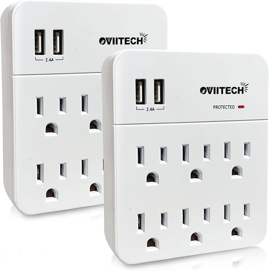 6 Outlet Extender Surge Protector Wall Mount Adapter with Dual 2.4A USB Charging Ports,Oviitech Multi Plug Outlets,6 AC Socket Outlet Splitter,900 Joules Surge Suppression,White, ETL Certified（2 Pack）