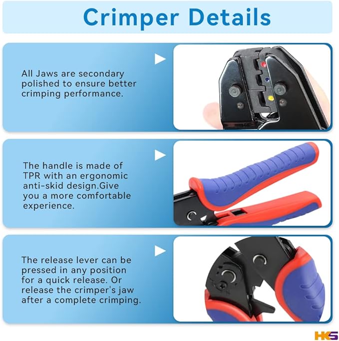 HKS Ratcheting Crimping Tool Set 9 PCS with Automatic Wire Stripper and Quick Exchange Jaw for Heat Shrink Terminals, Open Barrel, Solar Connector, Insulated and Non-Insulated Ferrules AWG 20-2