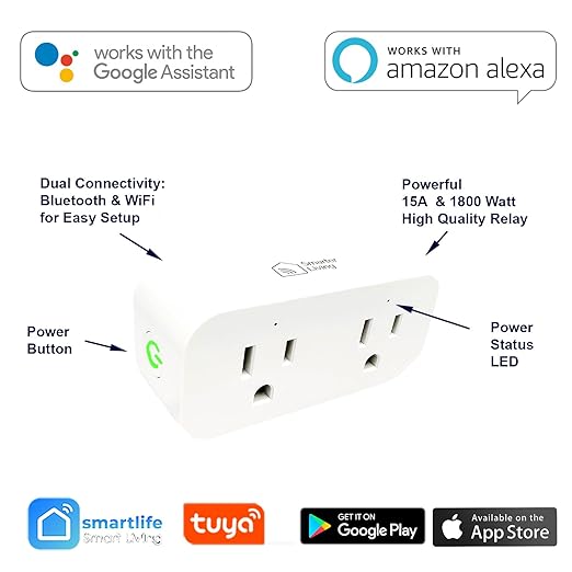 Smarter Living - Dual Socket WiFi Smart Plug (2 Pack), Voice Control with Alexa & Google Home, Works with Smart Life and Tuya, 15amp 1800 Watts, No Hub Required, Supports All WiFi Networks