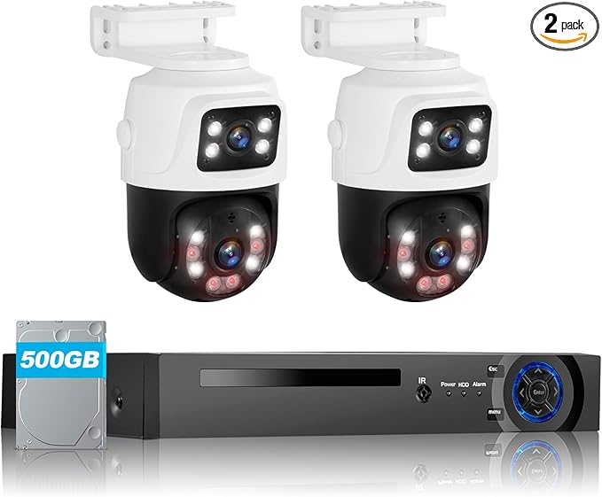 Cameras System for Home Security,8 CH POE NVR Wired Camera System with 2 X 6MP Dual Lens Night Vision Detection,500g HDD, 2-Way Talk,360°View Video Surveillance for House,Indoor/Outdoor