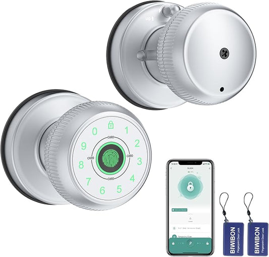 5-in-1 Smart Door Knob, Fingerprint Door Knob with App Control, Smart Fingerprint Door Lock,Auto Lock, Ideal for Home, Bedroom, Office, Chrome