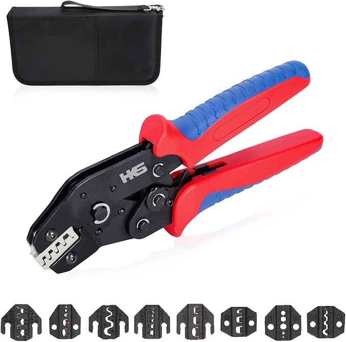 HKS Ratcheting Crimping Tool Set 11 PCS with Changeable Jaws for Dupont JST MOLEX - Open Barrel Terminals, Insulated & Non-Insulated Ferrules, Terminals & Butt Connectors,Solar & Coax Connectors