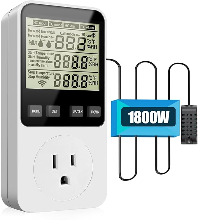 Diymore 1800W Plug in Digital Thermostat Temperature and Humidity Controller Electric Digital Thermostat Heating CoolingMode Timer 120V 15A 20~95% Dehumidifier Humidistat Controller