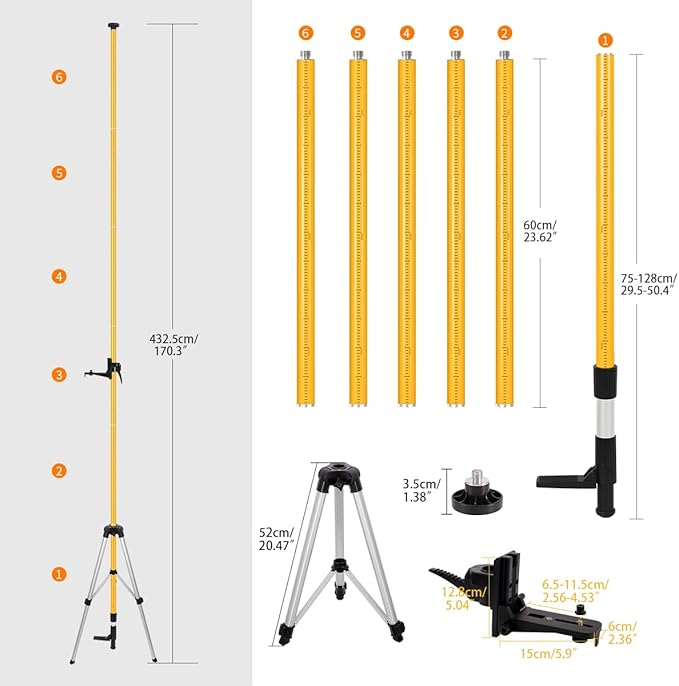 MOETER 13.8 Ft/4.2M Telescoping Laser Level Pole with Tripod - Adjustable Laser Level Stand for Rotary and Line Laser Level, Includes 1/4"-20 Mount & 5/8"-11 Adapter