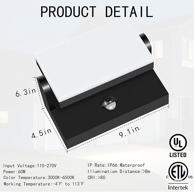 60W LED Outdoor Wall Light – 360° Rotatable, Motion Sensor & Color Temp Adjustable (3000K/4000K/6500K) Commercial Security Wall Mount for Barn, Proch,Garage & Yard