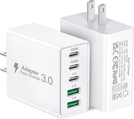 2Pack USB C Fast Charger Block,50W 5-Port USB Wall Charger Brick,2 USB A & 3 USB C PD3.0 Power Adapter Multiport Type C Charging Plug for iPhone 16/15/14/13,Pad Mini/Pro,AirPods 4,GalaxyS23(White)