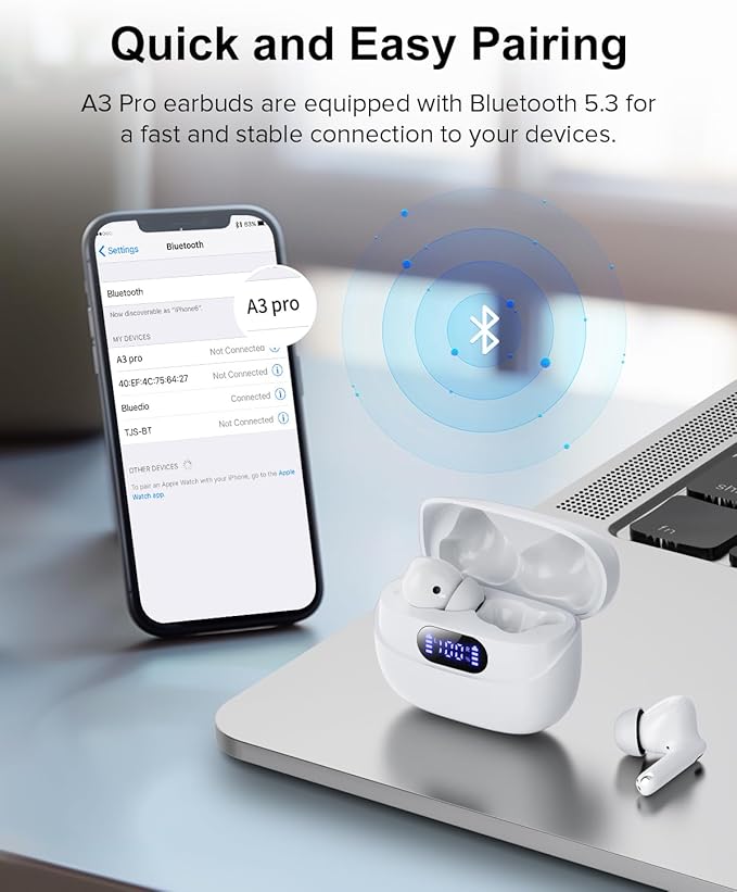 Wireless Earbuds, 42H Playtime Bluetooth 5.3 Headphones, HiFi Stereo Call Noise Cancelling Earbuds, IPX7 Waterproof Stereo in-Ear Earphones with LED Display for iOS Android (White)