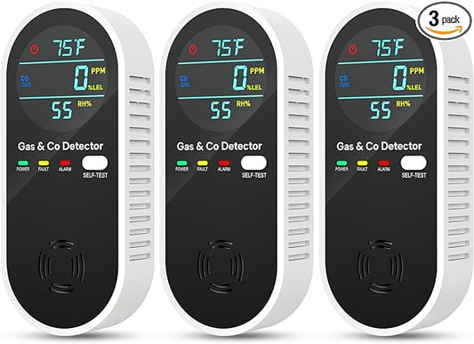 Upgraded Natural Gas Leak Detector & Carbon Monoxide Detectors - 4 in 1 Natural, Propane, Co & Gas Detector - Carbon Monoxide Detectors Plug in - Temperature & Humidity for Home, RV (3 Packs)
