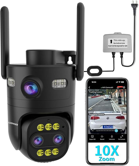 Triple-Lens Outdoor Security Camera with 10X Zoom,Wired 2.4G/5G WiFi Camera for Home Security,24/7 Continuous Recording,Plug-in Power,Auto Motion Tracking,Work With NVR/DVR Surveillance System