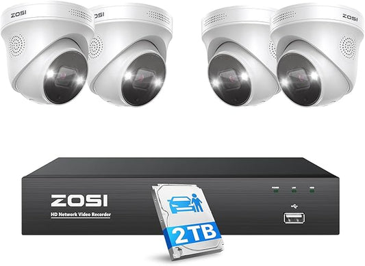 ZOSI 4K 8CH Spotlight PoE Security Camera System,4pcs 5MP Indoor Outdoor PoE IP Cameras with Person Vehicle Detection,Color Night Vision,8CH 8MP 4K NVR with 2TB HDD for 24/7 Recording,No Monthly Fee
