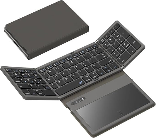Foldable Bluetooth Keyboard, Portable Full Size Folding Keyboard with Large Touchpad, Numeric Keypad, PU Leather, Wireless TravelKeyboard for Windows iOS Android Mac(Grey)