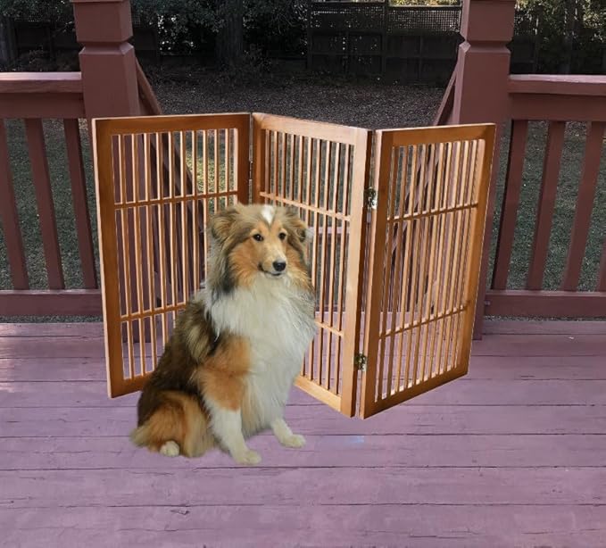 Pet Dog Gate Strong and Durable Freestanding Folding Acacia Hardwood Portable Wooden Fence Indoors or Outdoors by Urnporium (Brown Pet Gate, 3 Panel 30" Tall)