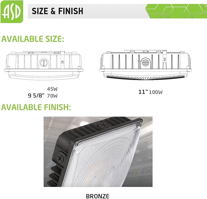 ASD LED Canopy Light 100W UL & DLC Listed, led Canopy Lights Outdoor and Indoor, Dimmable 0-10V, 12050lm, 5000K, 11"x11", 120-277V, IP65, -4℉—104℉, Brown