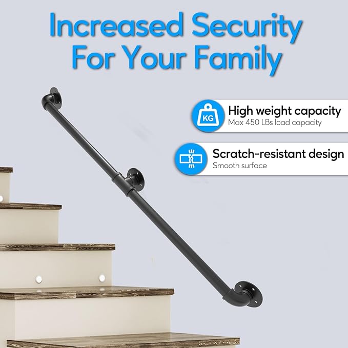 Pipe Stair Handrail, 8 Ft Metal Staircase Handrail, Black Galvanized Industrial Iron Hand Rail for Indoor & Outdoor Wall Mount Support, Wall Hand Railing,Safety Handle, Steps Baluster(HR05)
