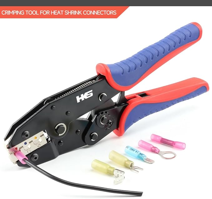 HKS Crimping Tool For Heat Shrink Connectors - Ratcheting Wire Crimpers - AWG 22-10 (0.5-6.0mm²) - Ratchet Terminal Crimper - Electrical Crimping Tool