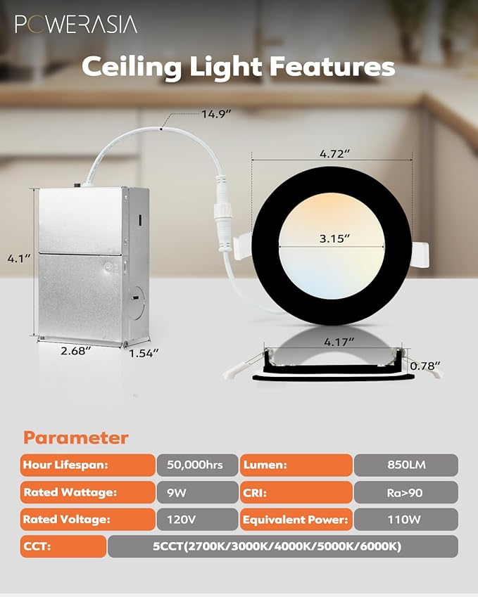 12 Pack Recessed Lighting 4 Inch with Junction Box, 5CCT 4 Inch Black LED Recessed Lights Dimmable 2700K/3000K/4000K/5000K/6000K, 9W 700lm Ultra Thin Recessed Lighting - ETL and Energy Star Certified
