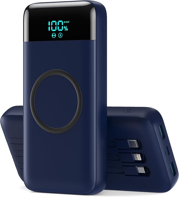 Wireless Portable Charger 40800mAh with 3 Built-in Cables,7-in-1 15W Wireless Charging Power Bank,25W PD QC 4.0 Fast Charging USB C LCD Display Battery Pack for iPhone 16/15/13,Samsung,Android-Blue