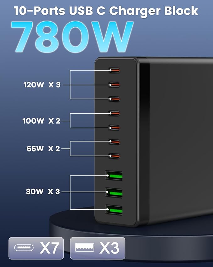 USB C Charger Block, 780W 10 Port Charging Station USB Charger Block Double 120W Gan Laptop Fast Charging Compatible with MacBook Air/Pro, iPhone, iPad, Dell XPS, Samsung Galaxy Note