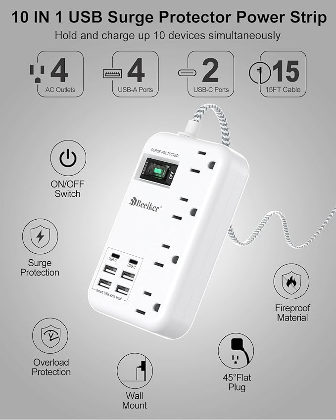 6 USB(2 USB C) Surge Protector Power Strip- 15 Ft Extension Cord with 6 USB Charging Station and 4 Outlets, Flat Plug Long Braided Extension Cord with Multiple Outlets Wall Mount for Home Office Dorm