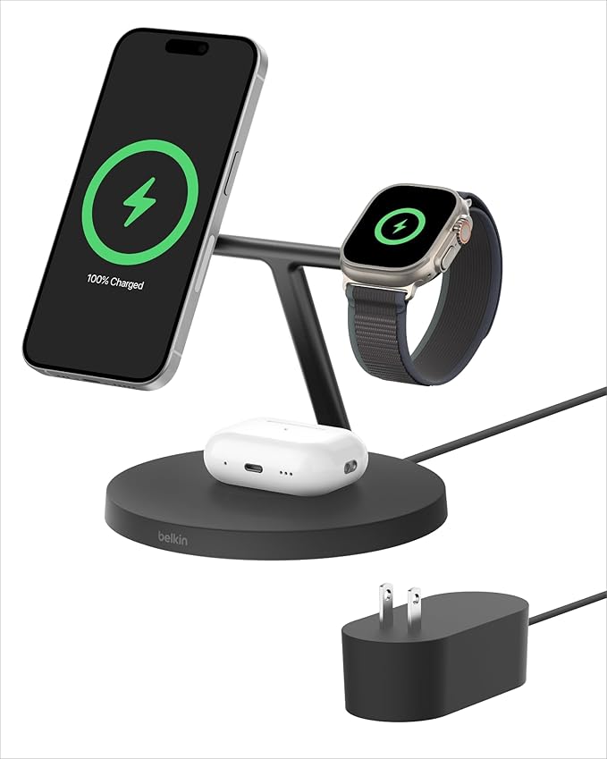 Belkin MagSafe-Compatible Charger, 3-in-1 Wireless Charging Station, Qi2-Certified 15W Wireless Charge for Apple iPhone 16 Series, Apple Watch, AirPods w/Non-Slip Base, 40W Included - Black