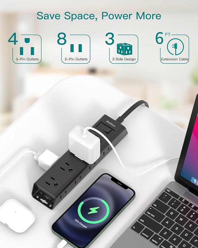 6Ft Surge Protector Power Strip - Flat Extension Cord, Addtam 12 Widely 3 Sides Outlet Extender, Wall Mount, Desktop Charging Station for Home Office College Dorm Room Essentials, Black