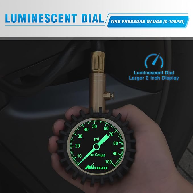 Nilight Tire Pressure Gauge 100PSI Heavy Duty Large 2" Glow Dial ANSI B40.1 Certified Air Chucks Accurate Reading with Extended Hose for Truck Semi Truck ATV Motorhome Cars & RV Accessories