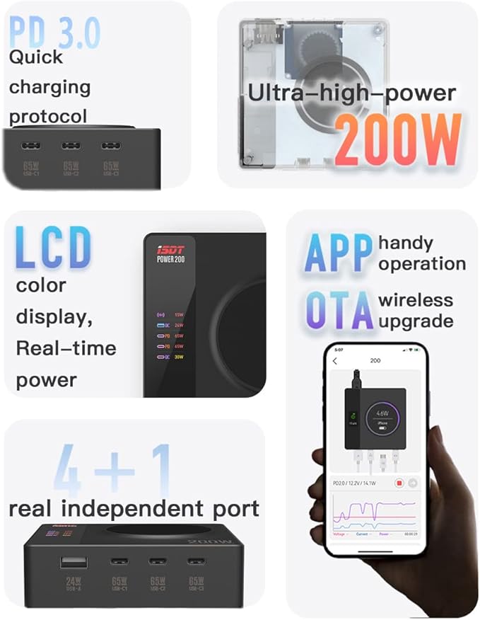 ISDT Power 200X 200W USB C Desktop Charging Station - 4+1 Ports Supports Fast chargingvarious Operating Systems with Power Adapter,with Magnetic Charging Function