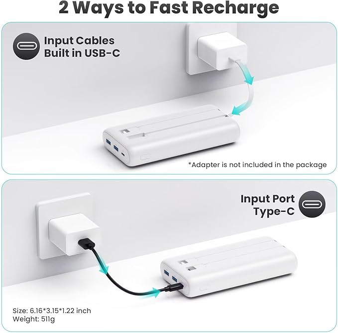 Upgraded Portable Charger 40800mAh Power Bank - Portable Battery with 2 Built in Cables,PD 25W USB C Fast Charging Battery Pack Compatible with iPhone 16 15 14 13 Android Phone etc-White