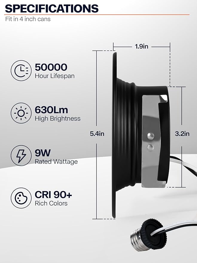12 Pack 4 Inch Black LED Can Lights Retrofit Recessed Lighting, 5CCT 4 Inch Recessed lights Selectable 2700K-6000K Dimmable, 9W 630LM Recessed Lights with Metal Smooth Trim- ETL and Energy Star