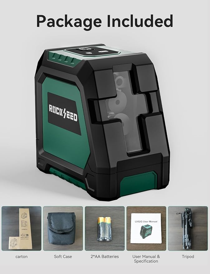 RockSeed Dual Modules Line Laser, Self Leveling Laser Level, Horizontal and 150° Vertical Green Beam, 2 AA Batteries, Carrying Bag, for Home Decoration/DIY/Construction Site